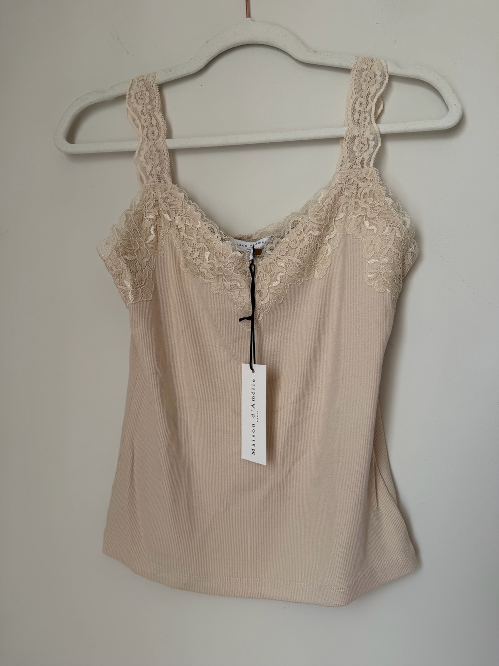 Cream Lace-Trim Ribbed Tank Top